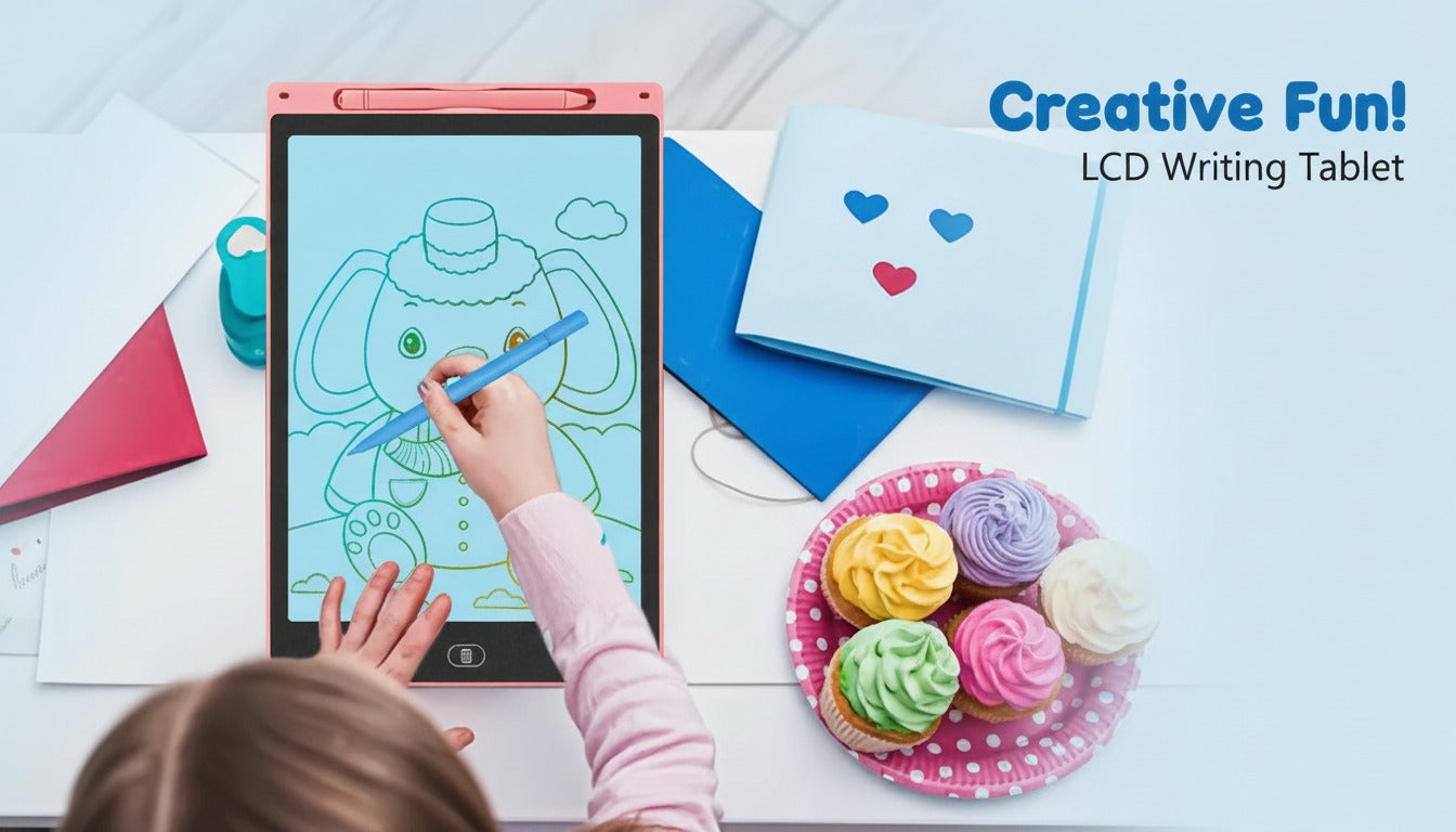 Child using an LCD writing tablet to draw a robot on a white table with colorful cupcakes and stationery.